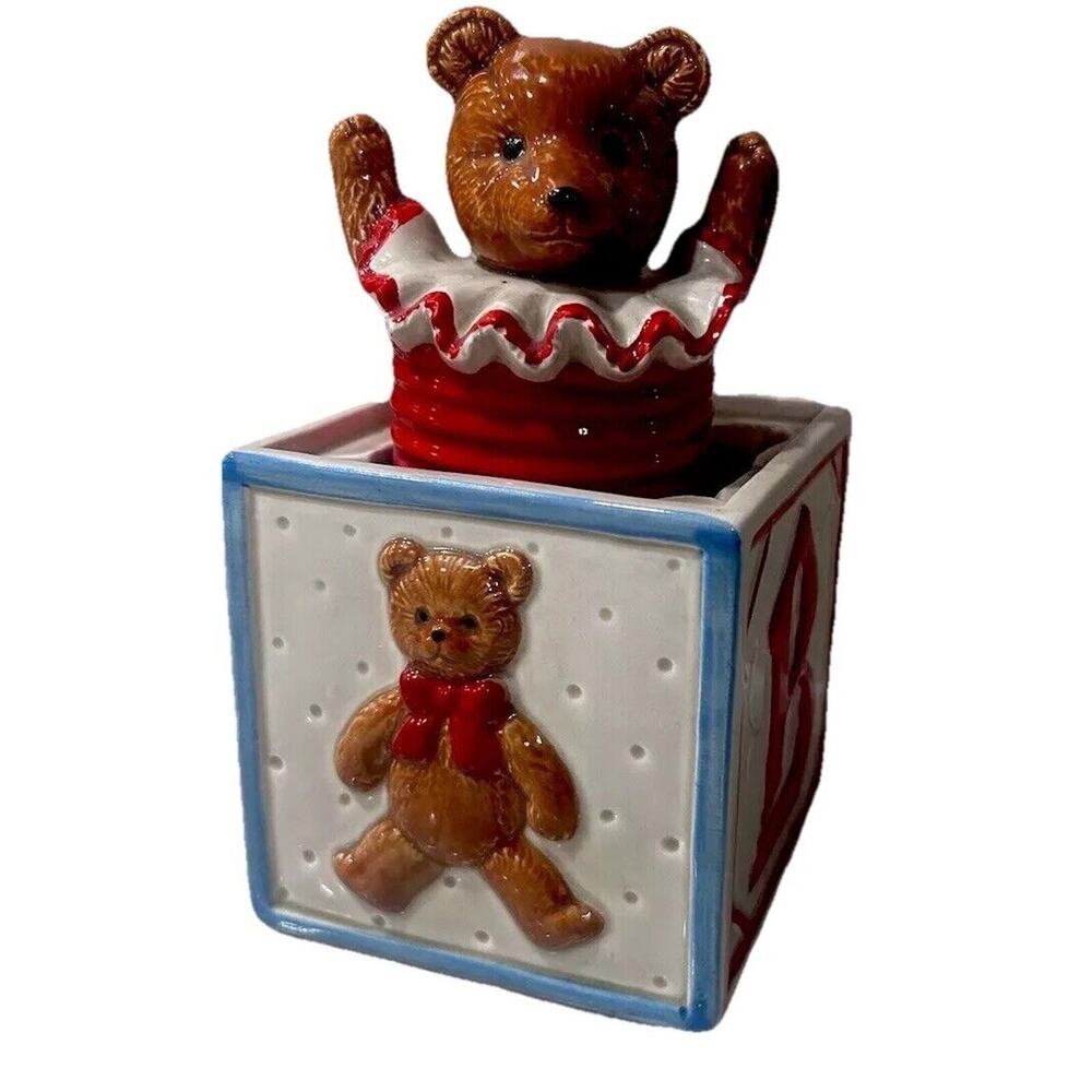 VTG 1984 SCHMID GORDON FRASER Music Box 6.5 in Teddy Bear Jack in the Box Works!